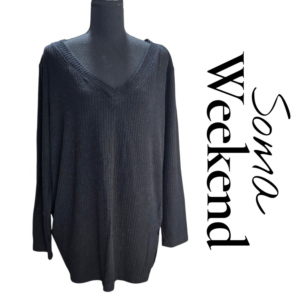 Soma Weekend Sweater Womens L Black Rayon Blend Ribbed V-Neck Side Slit Cozy Top